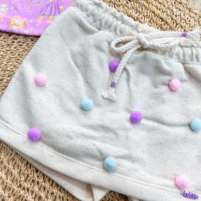 Conj. Blusa Ursinhas e Short Saia com Pompom - Lilás e Areia